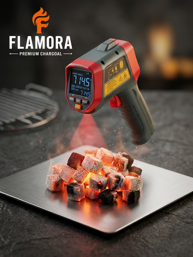 FLAMORA charcoal temperature verification — 714°C peak heat performance