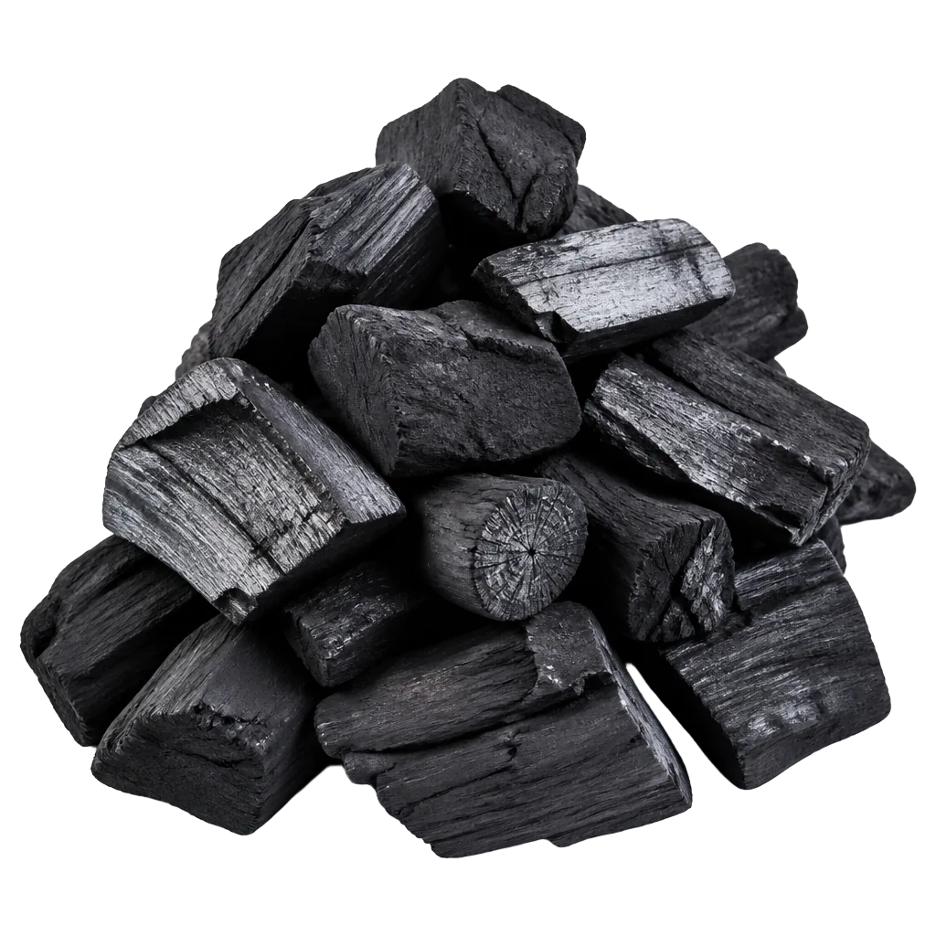 Pile of FLAMORA premium natural hardwood lump charcoal