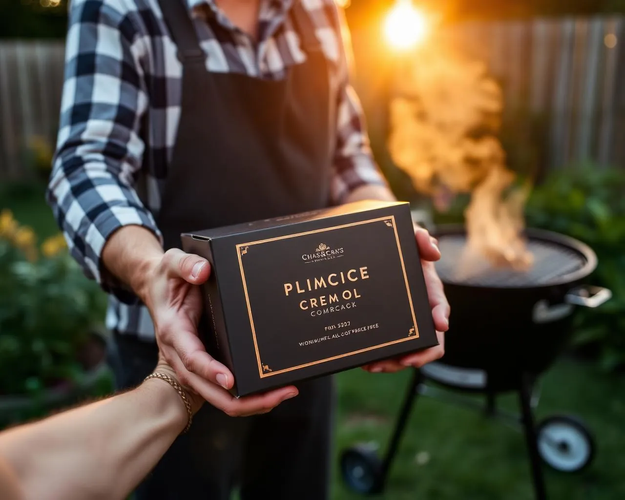 Person holding a premium FLAMORA charcoal box outdoors